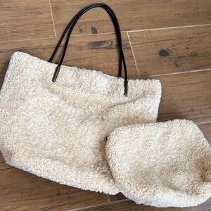 Anthropologie Cream Fuzzy Tote with Pouch